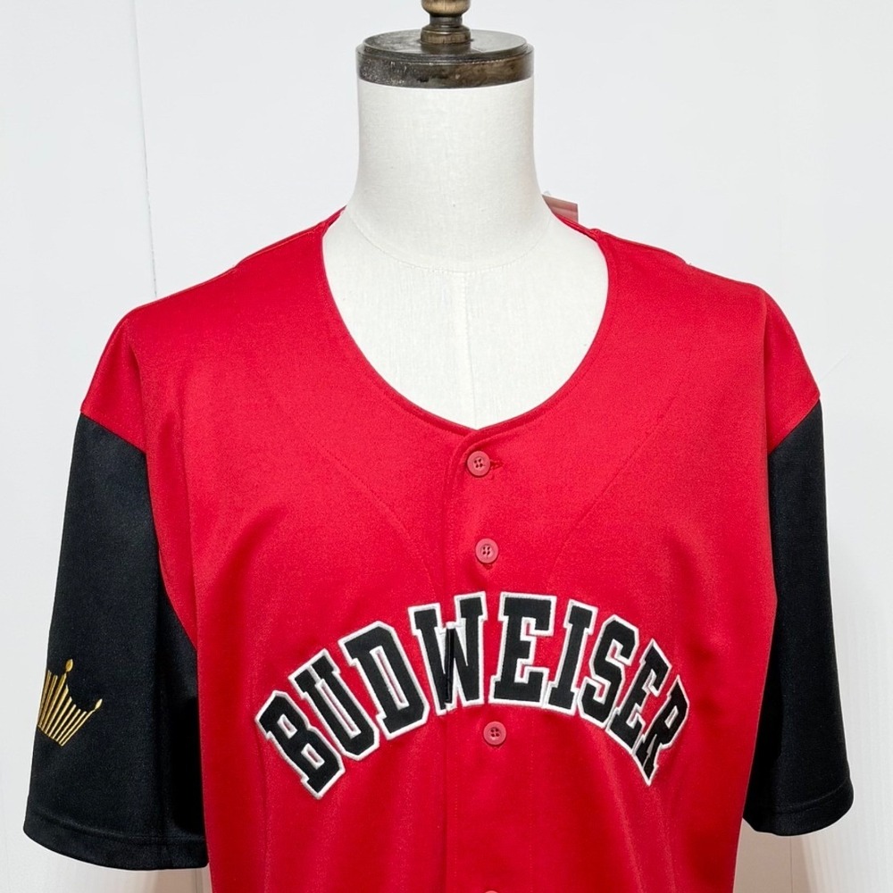 Budweiser‎ Jersey Mens Large Red Game Time Baseball Short Sleeve Button Up  NEW